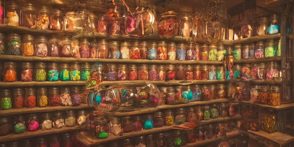 Prompt: Inside an old magical sweet shop, large jars on shelves, beautiful labels, fantasy vendor interior, wide angle, cinematic, highly detailed, photorealistic, rich bright colors, trending on artstation, trending on cgsociety