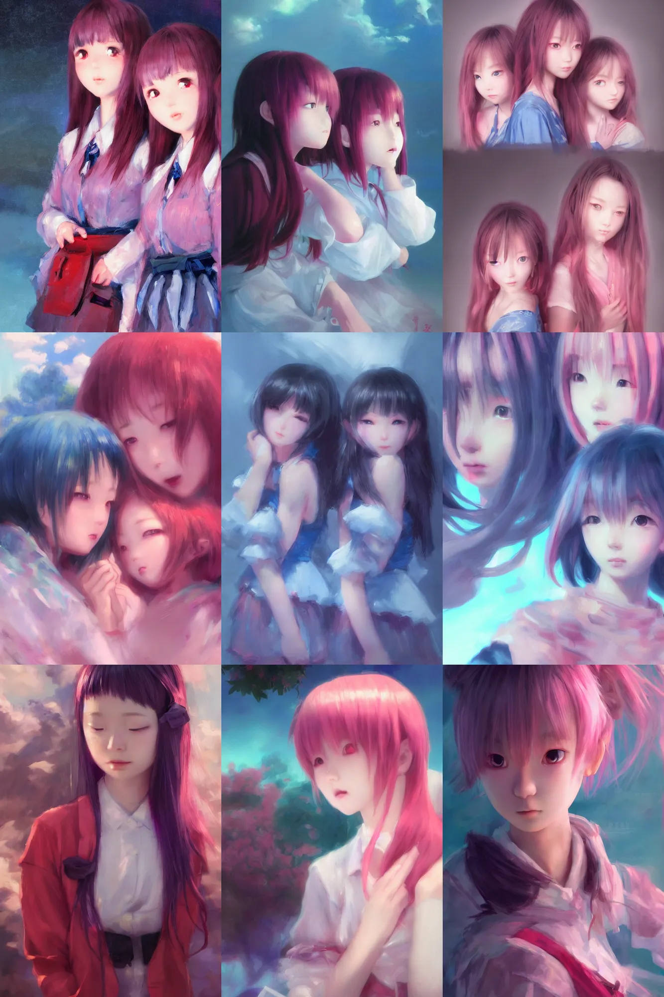 Prompt: 3d infrared octane render concept art by D. Jun, by Mo Xiang Tong Xiu, by Igarashi Daisuke, cute beauty complex portrait anime sad friends schoolgirls under dark pink and blue ocean. beautiful and cutest sad face. dramatic deep light, trending on artstation, oil painting brush