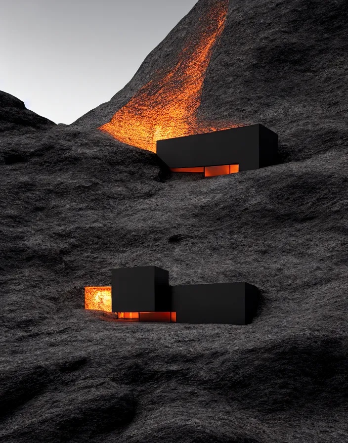 Image similar to tall black geometric house, embedded in lava cliff, full view, black house, molten metal house, minimal, rippled white landscape, dwarven architecture, light from molten iron, octane render, hyper realistic, 8 k, octane render