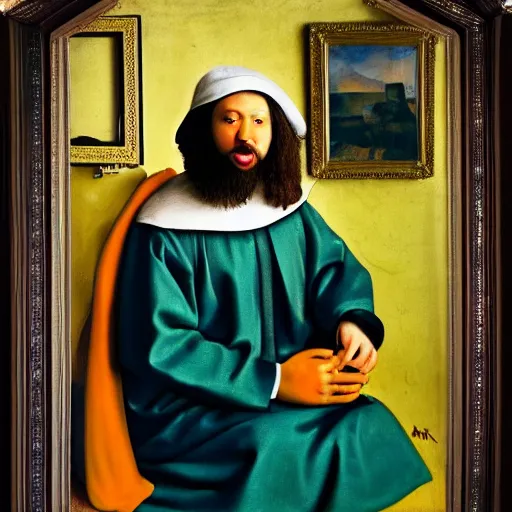 Image similar to Masterpiece Portrait of Muslim Ronald mcdonald, dressed thobe, Ghutra and Egal, style of Johannes Vermeer