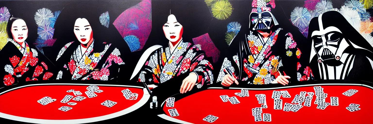 Image similar to hyperrealism composition of the detailed woman in a japanese kimono sitting at an extremely detailed poker table with darth vader and stormtrooper, fireworks on the background, pop - art style, jacky tsai style, andy warhol style, acrylic on canvas