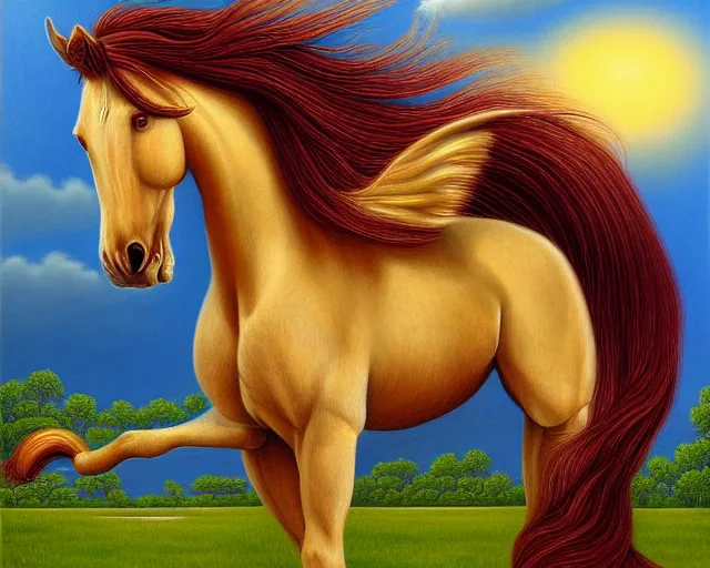 Prompt: stallion horse with long flowing mane and tail by Creative American Surreal Paintings by Kevin Sloan Magical Realism 8k