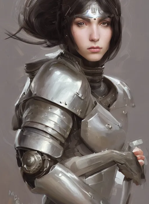 Image similar to a professional painting of a beautiful young female, clothed in military armor, olive skin, long dark hair, beautiful bone structure, symmetrical facial features, intricate, elegant, digital painting, concept art, smooth, sharp focus, illustration, from Metal Gear, by Ruan Jia and Mandy Jurgens and Artgerm and William-Adolphe Bouguerea