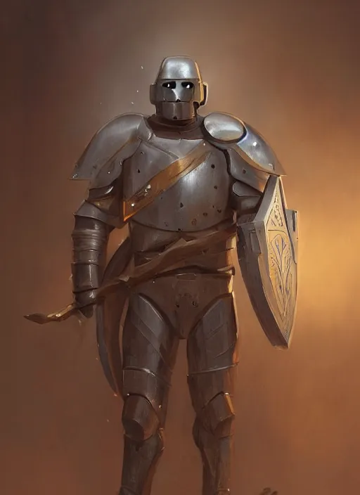 Image similar to portrait of a warforged character holding a paladin engraved longsword and carrying a big shield, concept art, by Greg Rutkowski