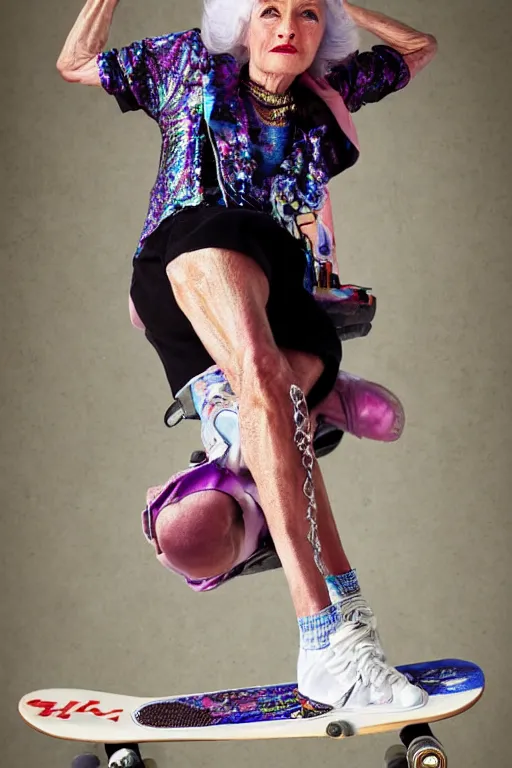 Image similar to a portrait of a fashionable gran on a skateboard in los angeles, in the style of david lachapelle