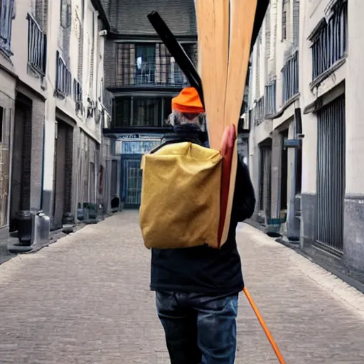 Prompt: a man holding a long stick with a bag attached at the end,