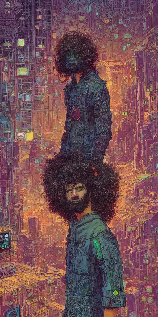 Image similar to highly detailed colorful illustration of a curly - haired persian guy in a cyberpunk city by moebius, nico delort, oliver vernon, kilian eng, joseph moncada, damon soule, manabu ikeda, kyle hotz, dan mumford, otomo, 4 k resolution