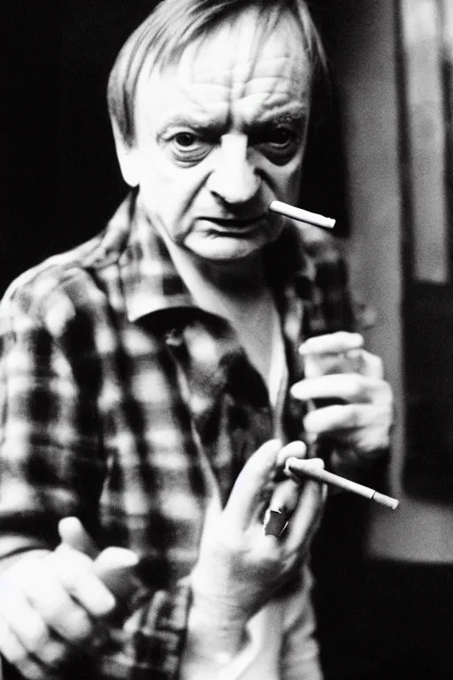 Image similar to highly detailed photo of Mark E Smith, smoking a cigarette