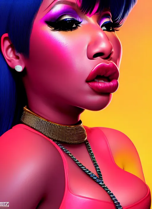 Prompt: nicki minaj is kissing cardi b, evangelion, au naturel, hyper detailed, sharp focus, bokeh, depth of field, digital art, trending in artstation, cinematic lighting, studio quality, smooth render, unreal engine 5 rendered, octane rendered, art style by klimt and nixeu and ian sprigger and wlop and krenz cushart