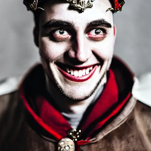 Image similar to man with red eyes and a crown grinning