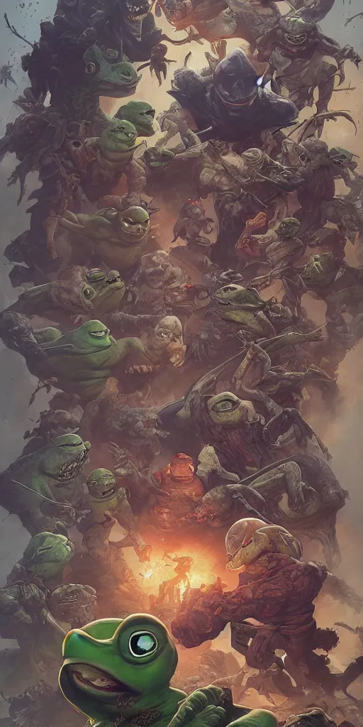 Prompt: Pepe The Frog, marvel comics, dark, intricate, highly detailed, smooth, artstation, digital illustration by Ruan Jia and Mandy Jurgens and Artgerm and Wayne Barlowe and Greg Rutkowski and Frank Frazetta