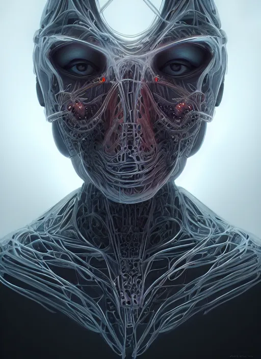 Prompt: portrait of a fractal cyborg assembled from many biomechanical parts in a diffuse fog by Artgerm, hyper detailled, fog, cinematic lighting, trending on artstation
