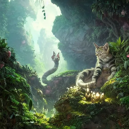 Prompt: Giant Cat resting in a cave, natural light, lush plants and flowers, elegant, intricate, fantasy, atmospheric lighting, by Greg rutkowski, league of legends splash art