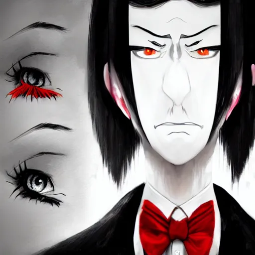 Image similar to full face shot of a butler with straight black hair, a red highlight, long bangs, with black eyes, sharp teeth, fancy bridegroom, ultra detailed, brush strokes, digital painting, cinematic, wlop artstation, pixiv, eerie, scary, intimidating glare, evil, demonic, yoshitaka amano, junji ito,