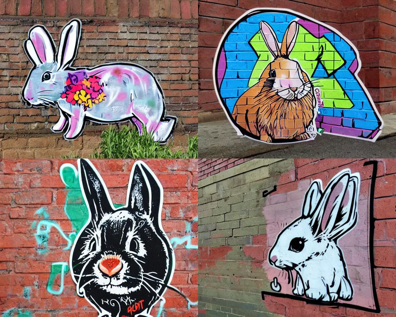 Prompt: Graffiti sticker art of a rabbit, urban art on a brick wall