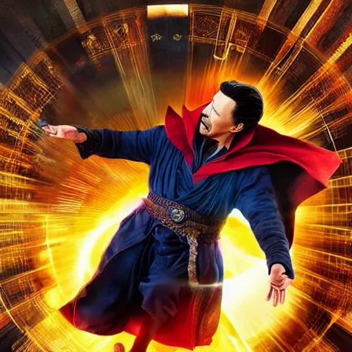 Image similar to dr. strange casting a shield spell in the metaverse with a shiba inu at his feet, hyper realistic, highly detailed, perfect face, smooth, focus, movie still, cinematic