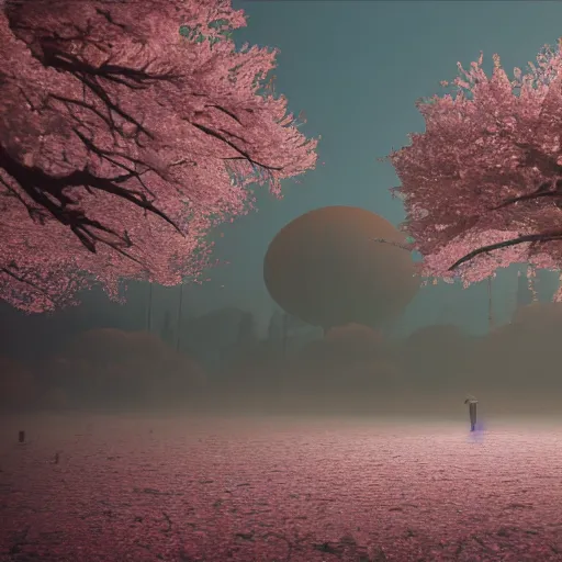 Image similar to A beautiful japanese landscape with sakura trees, apocalyptic style, Simon Stålenhag, 4k, ultrarealistic, octane render, volumetric lighting