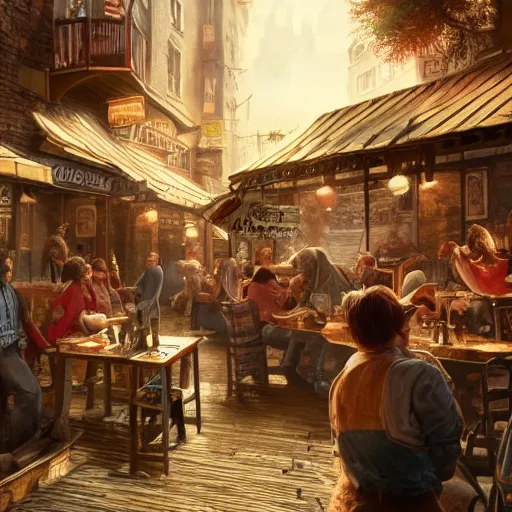 Prompt: busy tavern scene, Ultra realistic, intricate, mysterious, cinematic, 4k, illustration, concept art, photorealistic, award winning on Artstation