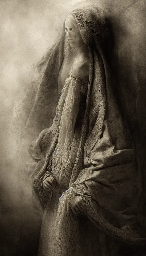 Prompt: the high priestess, digital art, rembrandt, agostino arrivabene, black and white matte painting