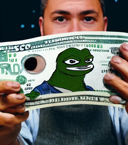 Prompt: pepe holding money, realistic, frame from the movie, hyper detailed, dramatic light