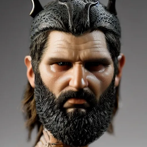 Image similar to of a viking from valhalla, wearing the horned helmet ultra fine detail, hair strands, ultra high resolution, fine texture detail, miniature painting techniques, perfect proportions, marvel cinematic universe, eric bana