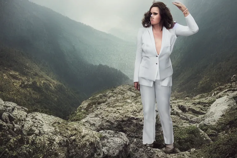 Prompt: a cinematic headshot portrait of a beautiful middle aged woman wearing futuristic white suit on the top of a mountain, overlooking a vast serene forest, large diffused light, neon light, 4 k, ultra realistic, dramatic lighting, rain, clouds, fog, vogue, fashion, glamour, magazine spread, by marco mazzoni and jessica rossier