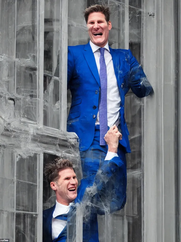 Prompt: Sir Kier Starmer wearing a blue suit laughing as he punches a window