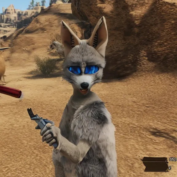 Prompt: a blue fennec fox furry in a fursuit in red dead redemption 1 killing himself with his revolver