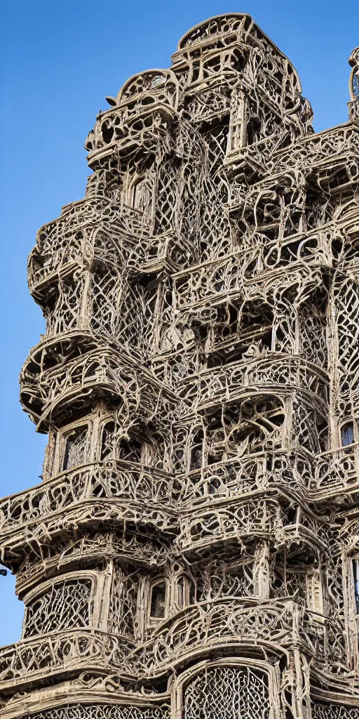 Prompt: a professional photograph of a beautiful modern building by Louis Sullivan and H.R. Giger covered in black ironwork vines, rusticated stone base, rusticated stone base, rusticated stone base, rusticated stone base, a dramatic sky, crowds of people, Sigma 75mm, ornate, very detailed, hyperrealistic, liminalspaces, Symmetrical composition, centered, intricate, panoramic, Dynamic Range, HDR, chromatic aberration, Orton effect, 8k render, photo by Marc Adamus, cinematic, cgsociety, vignette, vignette , artstation,