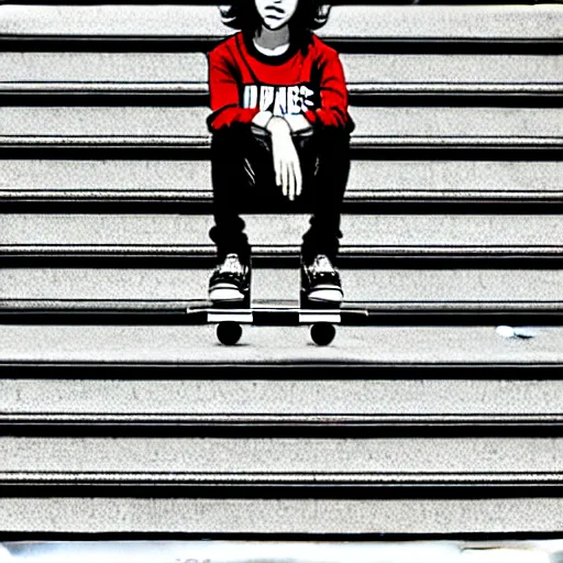 Image similar to skater girl sitting on steps by scott pilgrim, by bryan lee o'malley