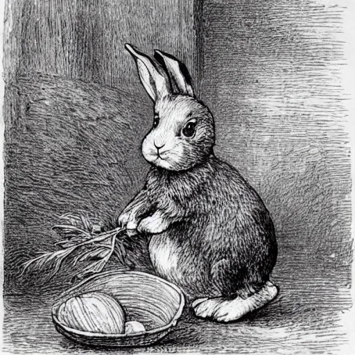 Prompt: rabbit struggling to pull a turnip from soil, by beatrix potter