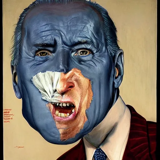 Prompt: terrifying, surreal portrait of joe biden with face sloughing off to reveal robot underneath l by j. c. leyendecker, bosch, william blake, stephen gammell, jon mcnaughton, and beksinski