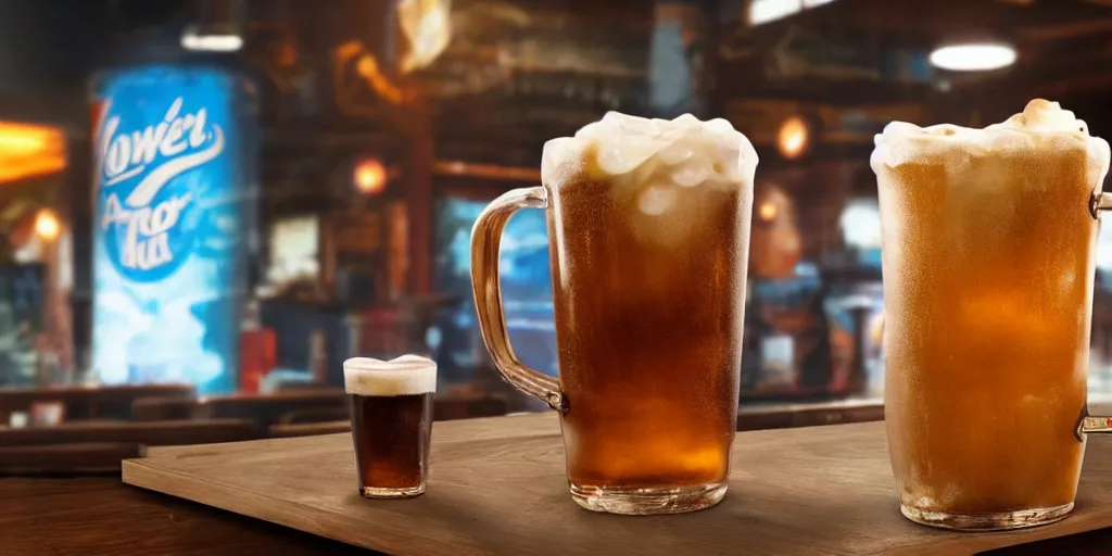 Image similar to a 3 d rendered movie still product shot an old - fashioned a & w root beer in a frosty mug. the mug sits on a wooden bar at a diner. imax, 7 0 mm dramatic lighting blade runner