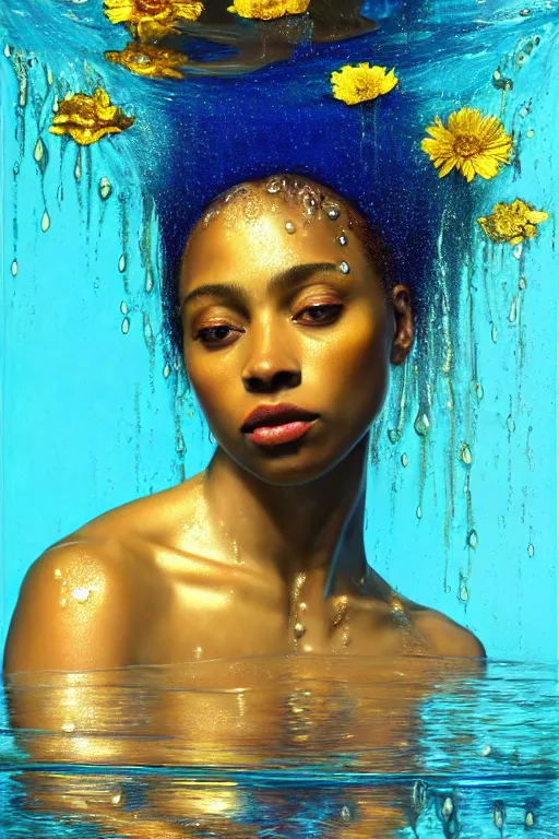 Image similar to hyperrealistic precisionist cinematic profile very expressive! oshun goddess, in water! john everett millais, mirror dripping droplet!, gold flowers, highly detailed face, digital art masterpiece, smooth eric zener cam de leon, dramatic pearlescent turquoise light on one side, low angle uhd 8 k, shallow depth of field