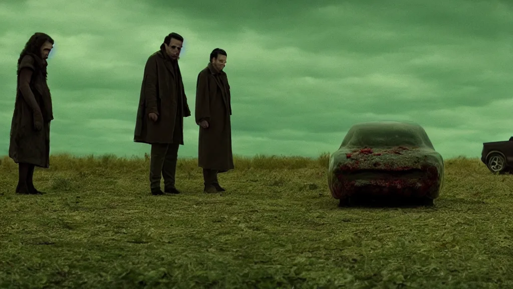 Image similar to the strange creature waits by the car, made of Chlorophyll and blood, film still from the movie directed by Denis Villeneuve with art direction by Salvador Dalí, wide lens