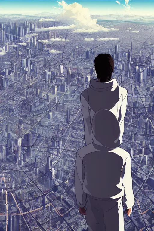 Prompt: man in white tracksuit overlooking a cyberpunk clean city, style of Mirror\'s Edge, dreamy, beautiful clouds, beautiful artwork by Makato Shinkai + Satoshi Kon, anime