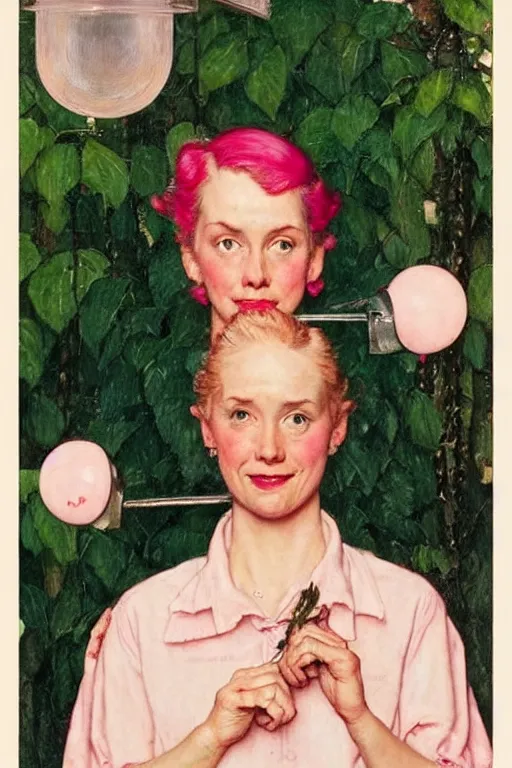 Image similar to a portrait of a woman!! by norman rockwell!!! pink hair! pronouns pin!!! pretty face! lamp light, plants background!