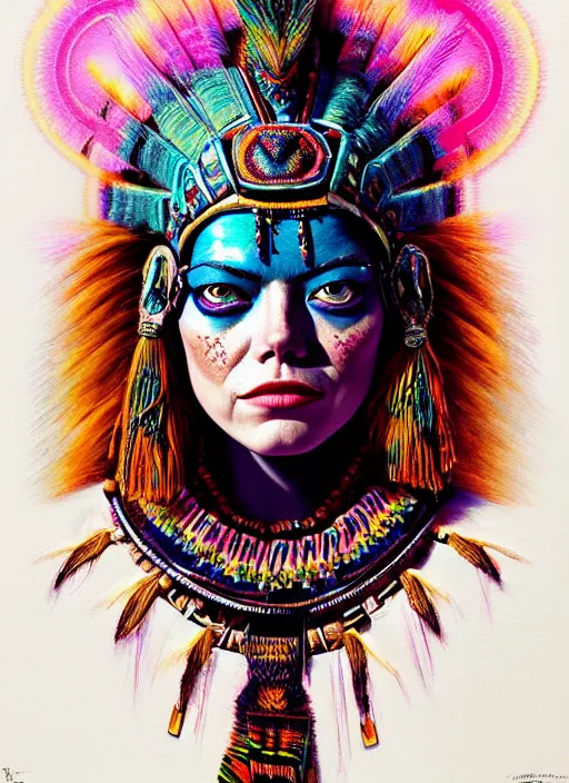 Image similar to portrait of emma stone, hyper detailed ultra sharp aztec shaman warrior. trending on artstation, warpaint aesthetic, bloodwave, colorful, psychedelic, ornate, intricate, digital painting, concept art, smooth, sharp focus, illustration, art by artgerm and greg rutkowski and h. r. giger, 8 k