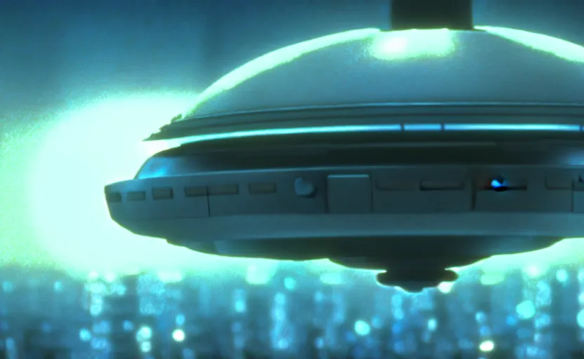 Image similar to a cell - shaded cartoon movie still from independence day ( 1 9 9 6 ) of a chrome ufo. very dull muted colors, hd, 4 k, hq