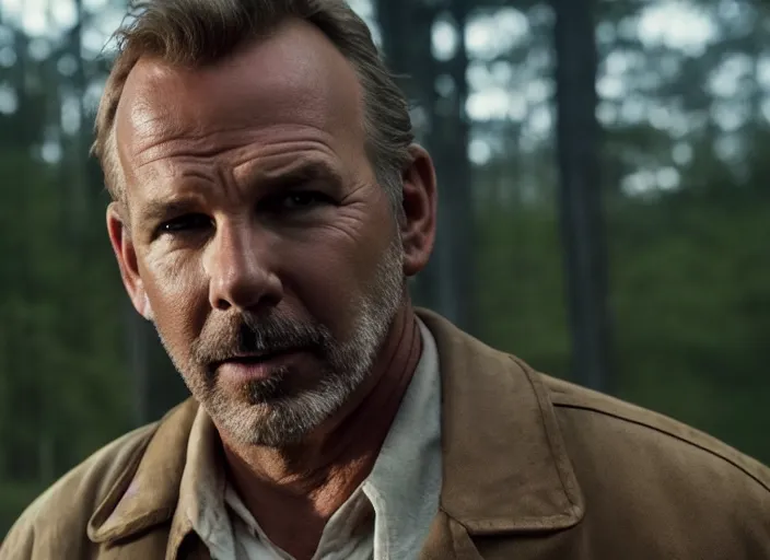 Image similar to film still of!!!!! kevin costner!!!!! as jim hopper in stranger things, 4 k