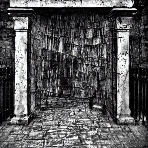 Image similar to dark old picture of a realistic gateway to hell, black and white, pictorialism