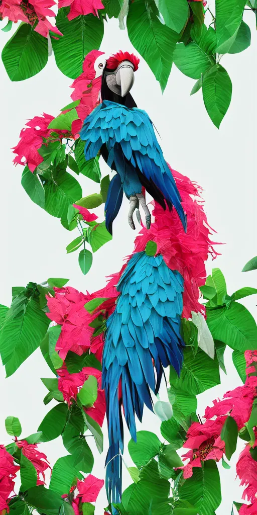 Prompt: anthropomorphic macaw woman wearing a flowing samba inpsired white and mint colored paper dress, background amazon jungle made of paper, paper Bougainvillea, many origami Bougainvillea, eery light, 3D, very detailed, octane render, trending ArtStation, artgem