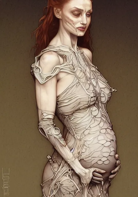 Image similar to sansa pregnant mummy zombie in skeleton, intricate, elegant, highly detailed, digital painting, artstation, concept art, smooth, sharp focus, illustration, art by artgerm and greg rutkowski and alphonse mucha and william - adolphe bouguereau