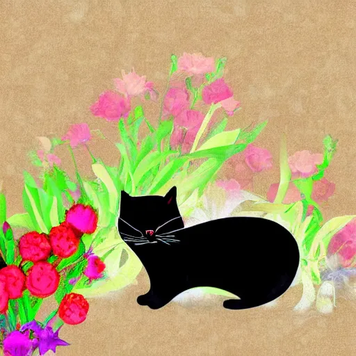 Image similar to a fat black cat with white whiskers sitting in a flower bed digital art