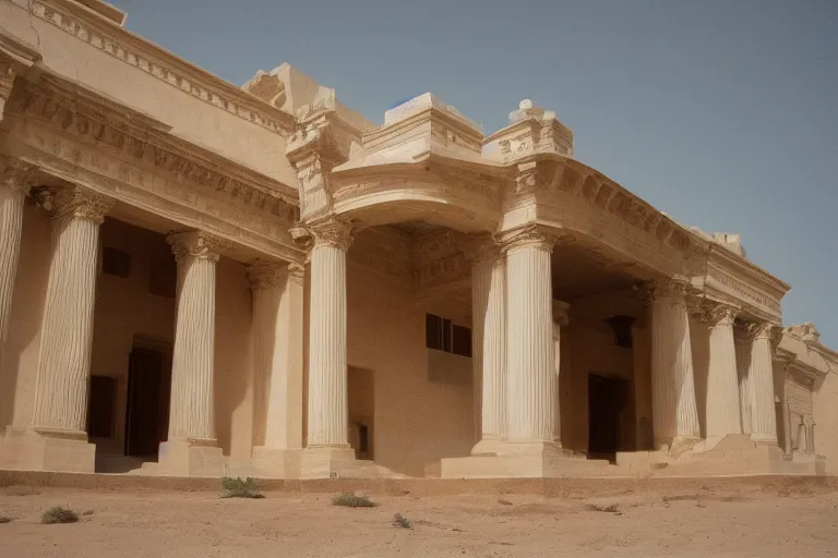 Prompt: film still of non-euclidian -néoclassical architecture in the desert, cinestill 800t 35mm full-HD