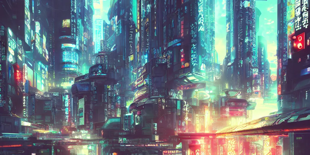 Image similar to beautiful japanese cyberpunk futuristic landscape painting, 3 d hyperrealistic render, cmyk, by tuomas korpi, dan mumford, trending on artstation