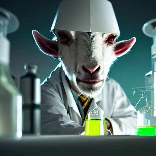 Prompt: a mad scientist goat in lab coats mixing acids in a lab, close - up shot, digital art, trending on artstation and unreal engine, deviantart, smooth, hyper detailed, matte painting, award - winning, hd, 4 k