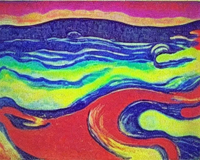 Prompt: Ocean waves in a psychedelic dream world. DMT. Curving rivers. Edvard Munch. Emil Nolde. Minimalist.