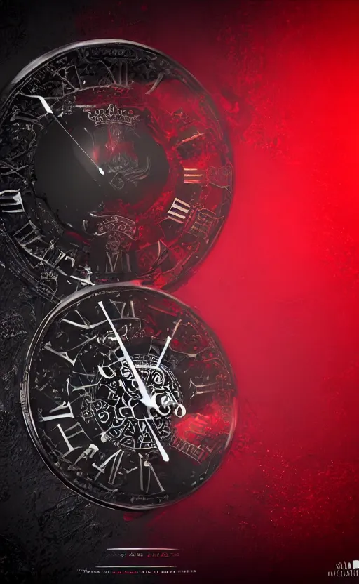 Image similar to a melting Roman numeral clock, behind a red and black gradient background, awith a black heart shaped on the top left corner and a black diamond card shape in the bottom right corner, dynamic lighting, photorealistic fantasy concept art, trending on art station, stunning visuals, cinematic, creative, ultra detailed