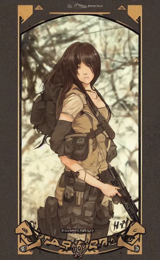 Prompt: girl, trading card front art, anime style, soldier clothing, long hair, hair down, symmetrical facial features, from girls frontline, hyper realistic, pale skin, 4 k, rule of thirds, extreme detail, detailed drawing, safebooru, fantasy, d & d, realistic lighting, by alphonse mucha, greg rutkowski, sharp focus, backlit